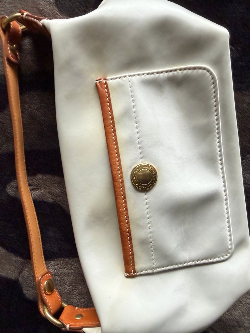 White and Tan Women’s Shoulder Bag with Front Pocket